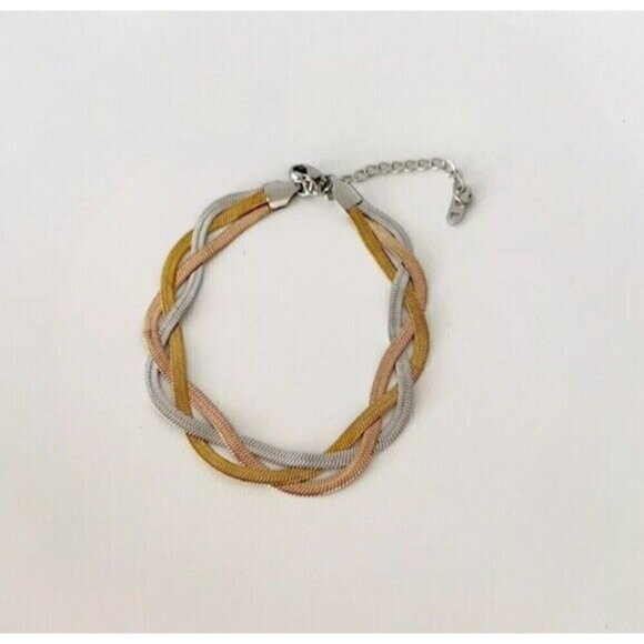 18K Gold Plated braid woven Herringbone bracelet stainless steel womens jewelry - Picture 4 of 9